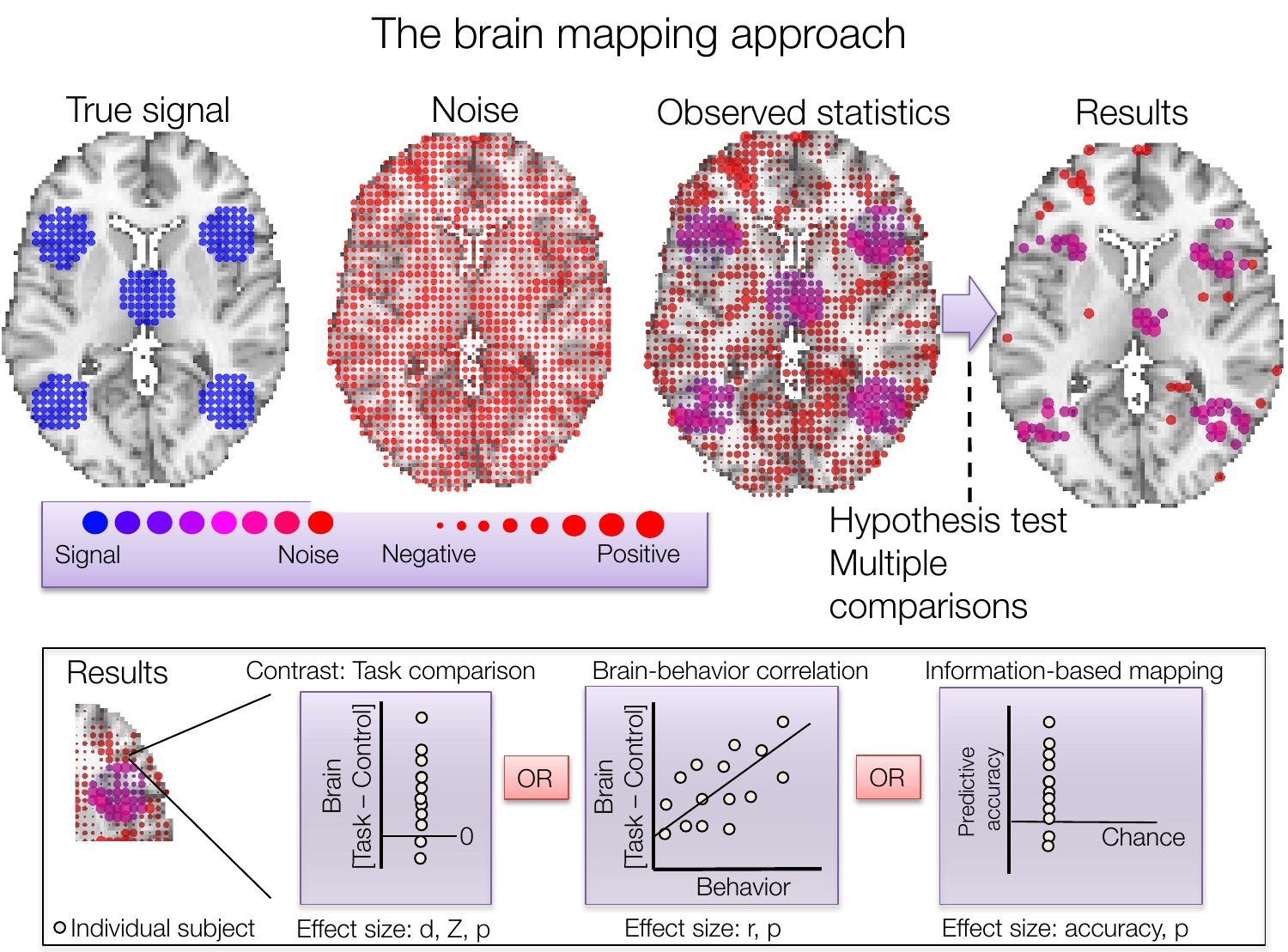 True signal and noise combine to form observed statistics, which are thresholded to produce results; bottom row shows task contrasts, brain-behavior correlations, and information-based mapping