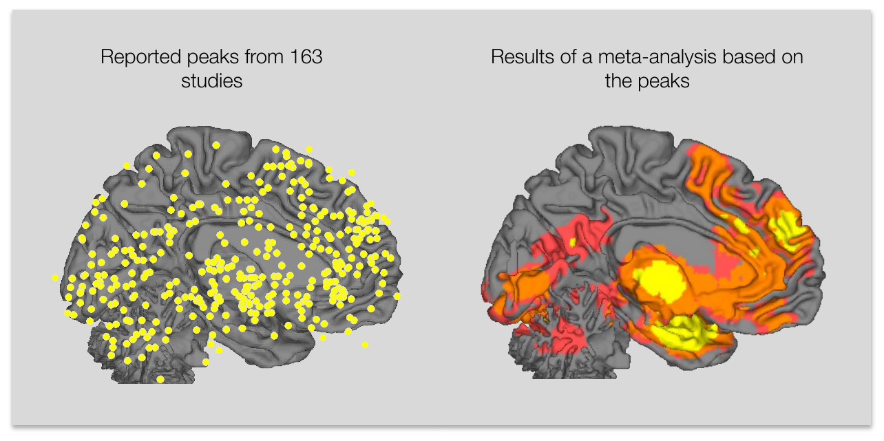 Left, peak activation coordinates from 163 emotion studies plotted on a brain surface; right, consistently activated regions from an MKDA analysis of those peaks