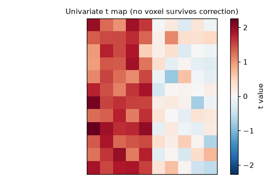 Univariate t map of the simulated data; the signal voxels in the left half reach t of about 2 but no voxel exceeds the Bonferroni threshold of 3.59