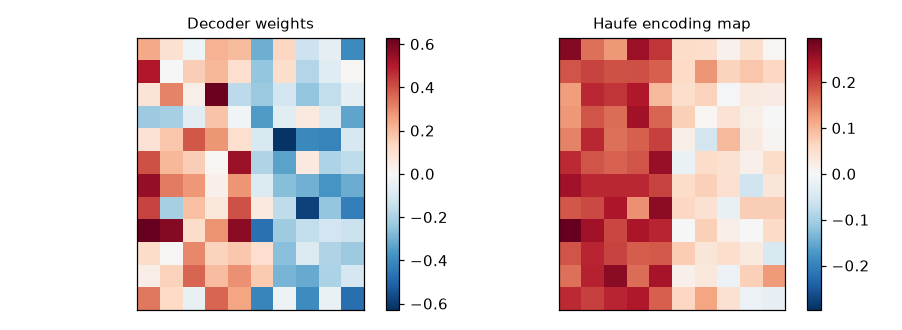 Decoder weight map with large positive and negative weights across both halves of the grid, next to the Haufe encoding map that loads only on the true signal voxels
