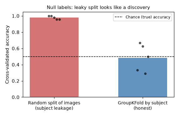 Bar chart comparing cross-validated accuracy near 0.98 for a random split of images against accuracy near chance for grouped subject-level folds, with per-fold accuracies as dots and a dashed line at the chance level of 0.5